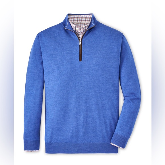 Peter Millar Cape Blue Autumn Crest Suede Trim Quarter Zip Pullover Sweater - Picture 1 of 3